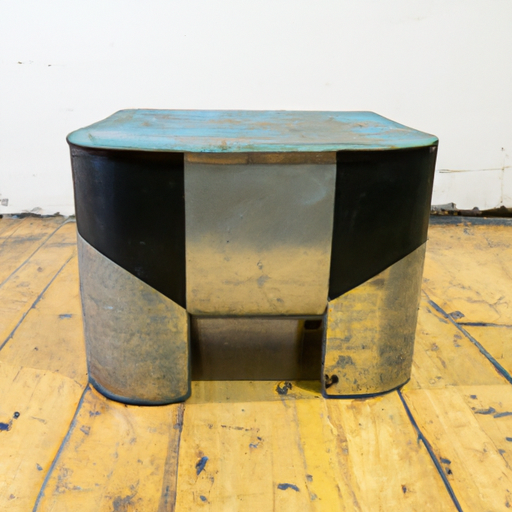 Een stoere hocker van recycle leer in cognackleur met zwarte metalen poten geplaatst op een houten vloer